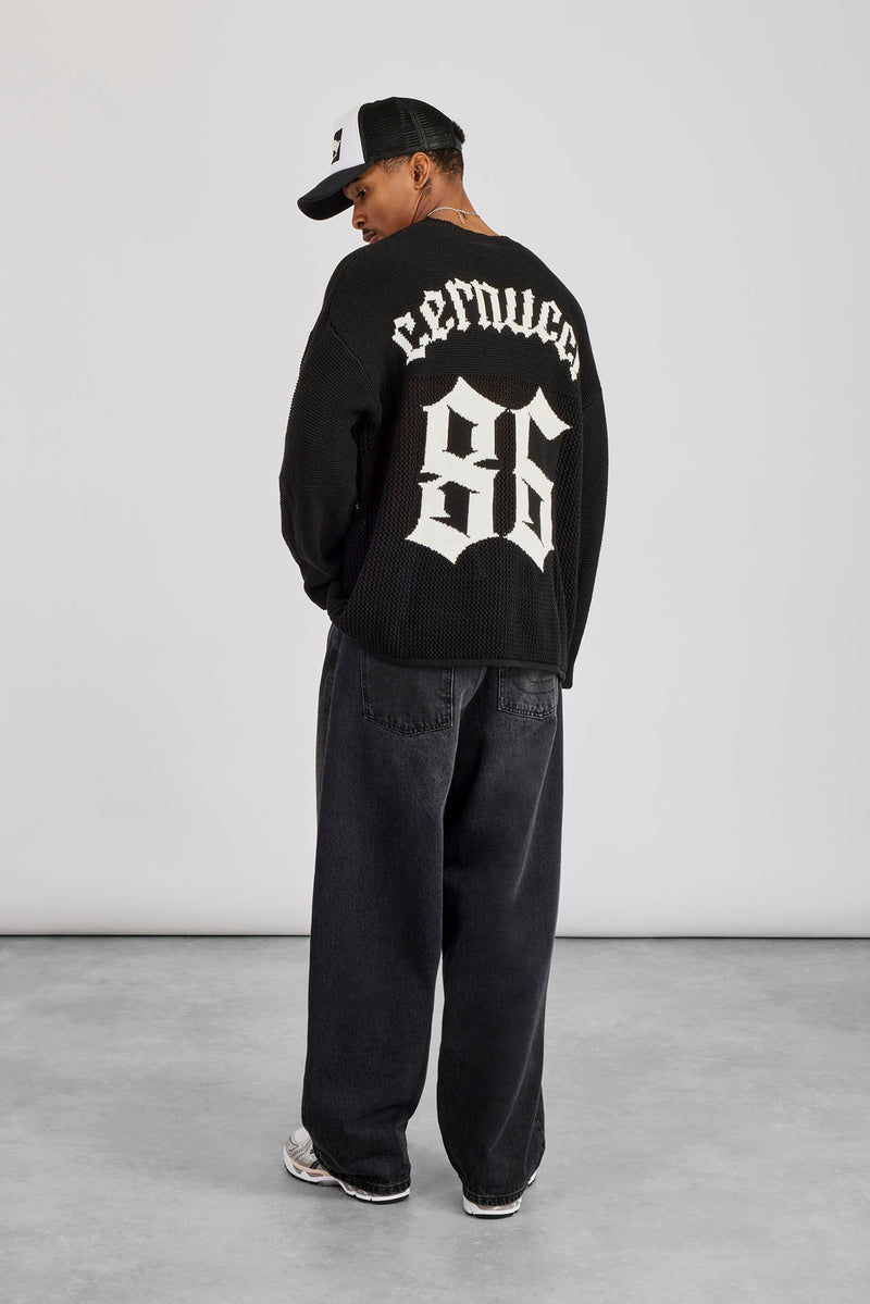 Long Sleeve Knit Varsity Top - Black