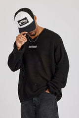 Long Sleeve Knit Varsity Top - Black