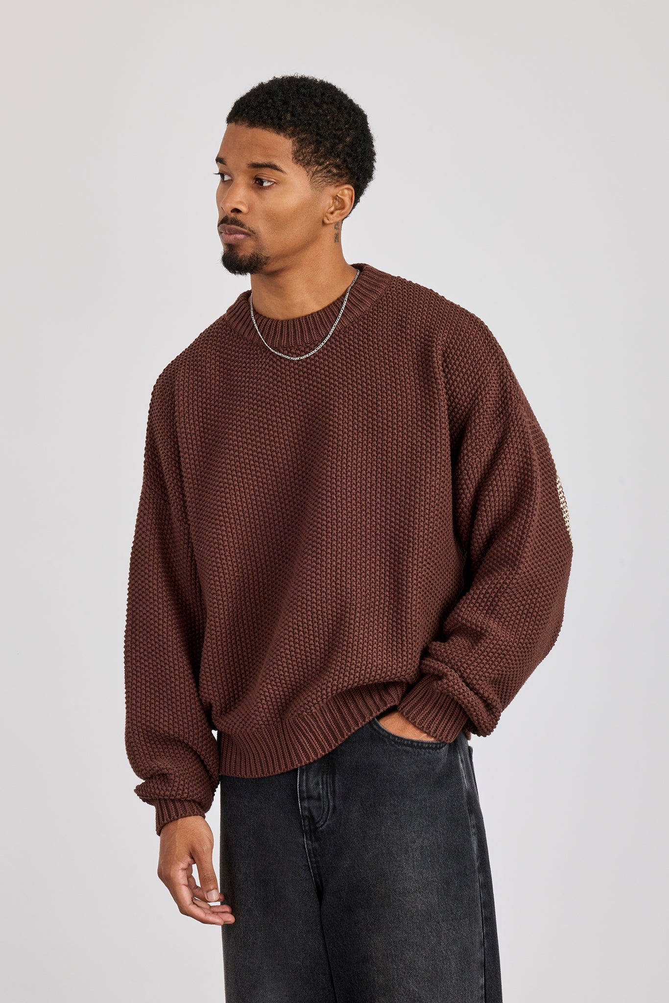 Textured Knit Printed Sweatshirt - Chocolate