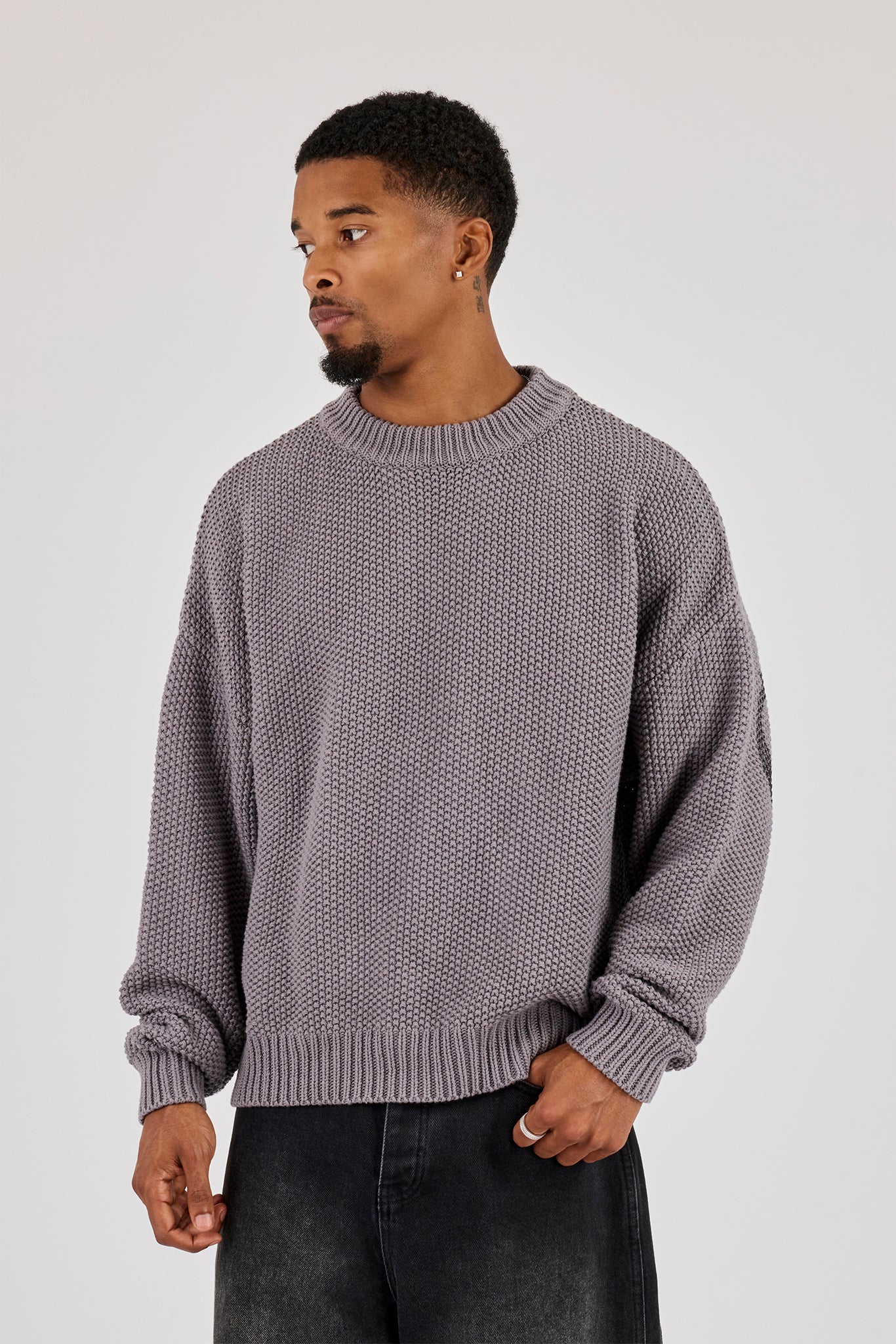 Textured Knit Printed Sweatshirt - Grey