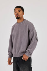 Textured Knit Printed Sweatshirt - Grey