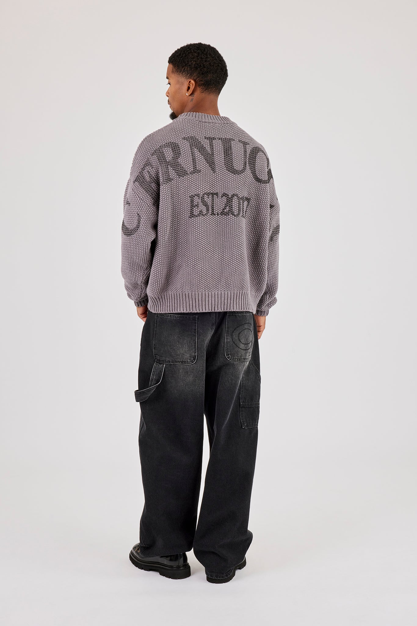 Textured Knit Printed Sweatshirt - Grey