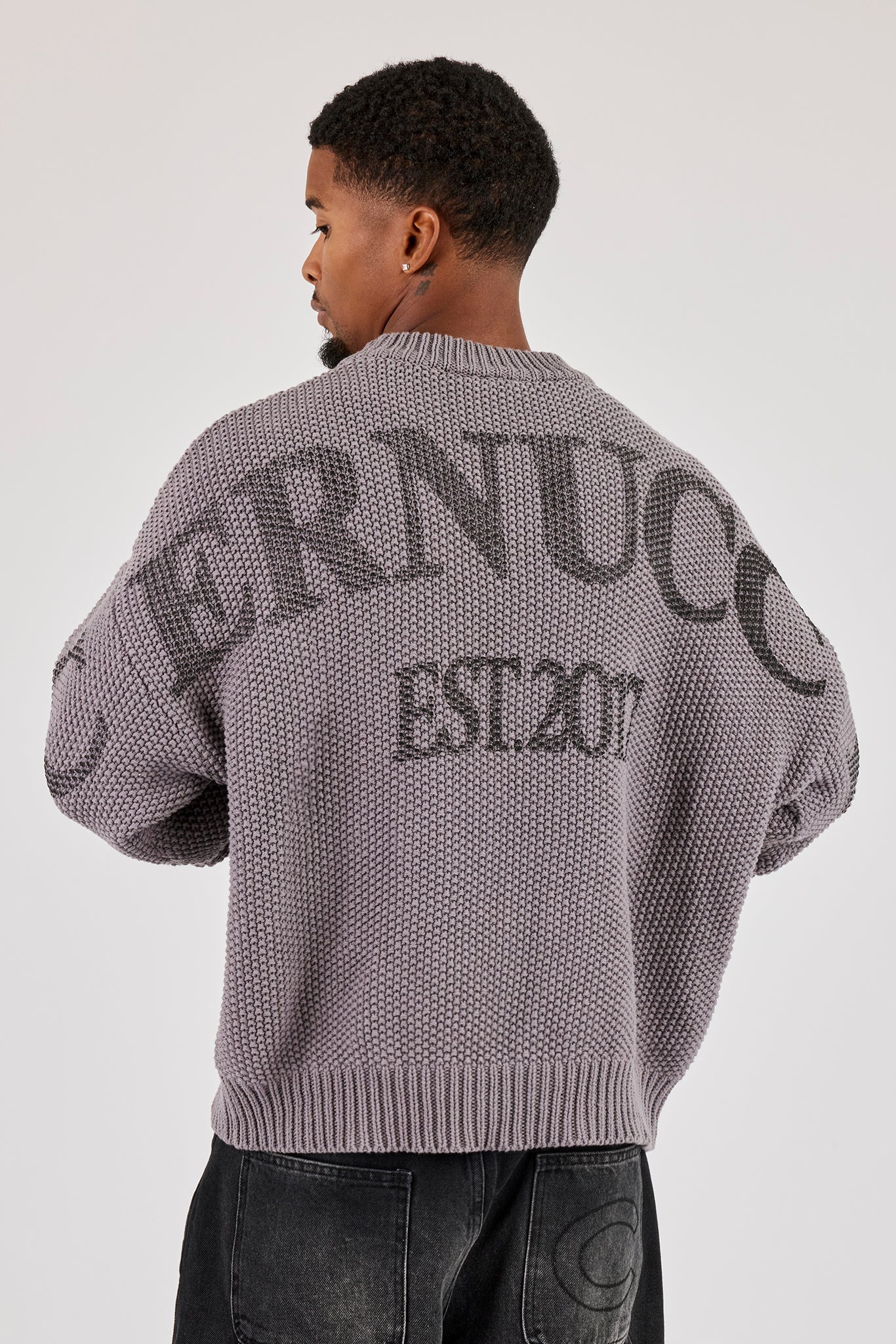 Textured Knit Printed Sweatshirt - Grey