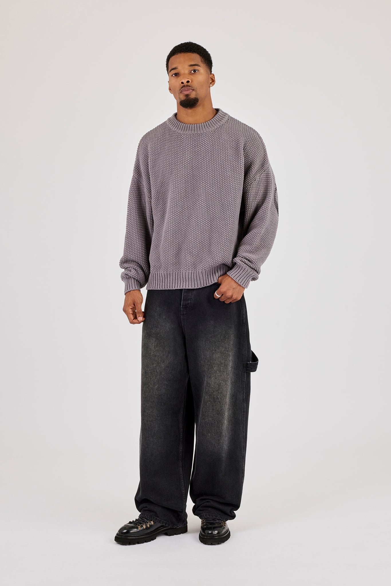 Textured Knit Printed Sweatshirt - Grey