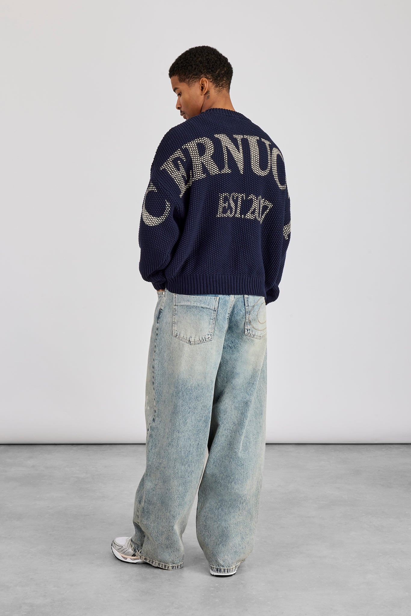 Textured Knit Printed Sweatshirt - Navy Blue