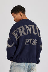 Textured Knit Printed Sweatshirt - Navy Blue