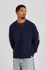 Textured Knit Printed Sweatshirt - Navy Blue