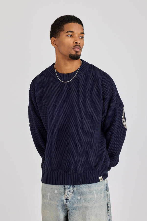 Textured Knit Printed Sweatshirt - Navy Blue