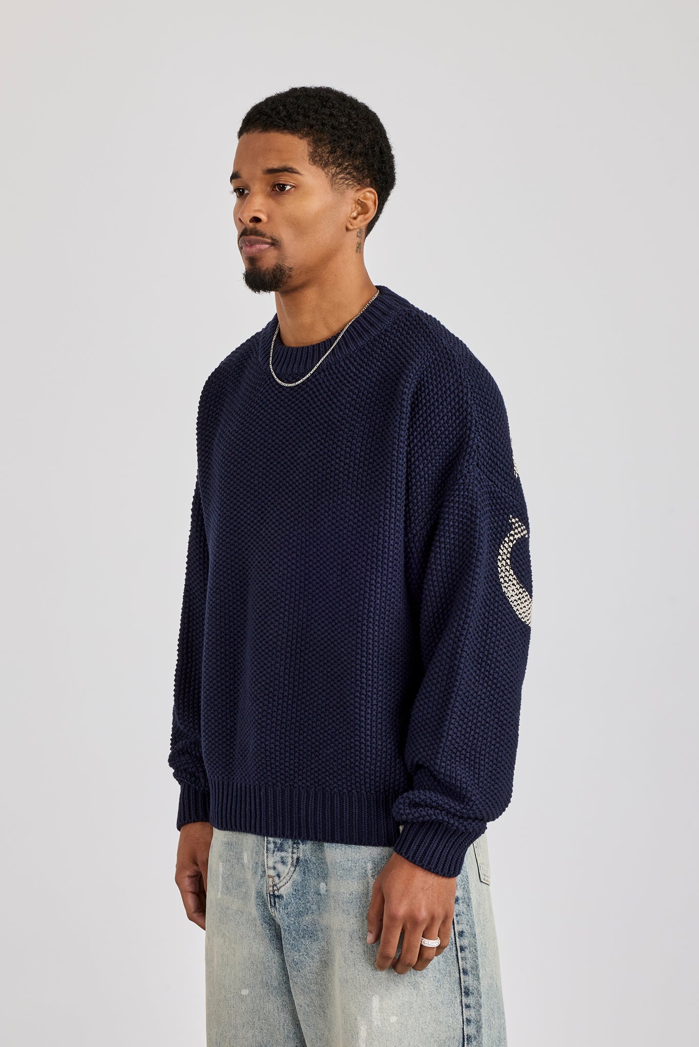 Textured Knit Printed Sweatshirt - Navy Blue