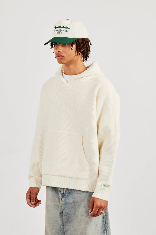Knitted V Neck Hoodie - Off White