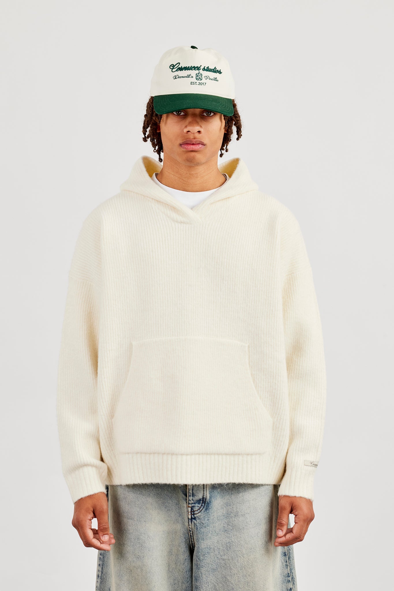 Knitted V Neck Hoodie - Off White
