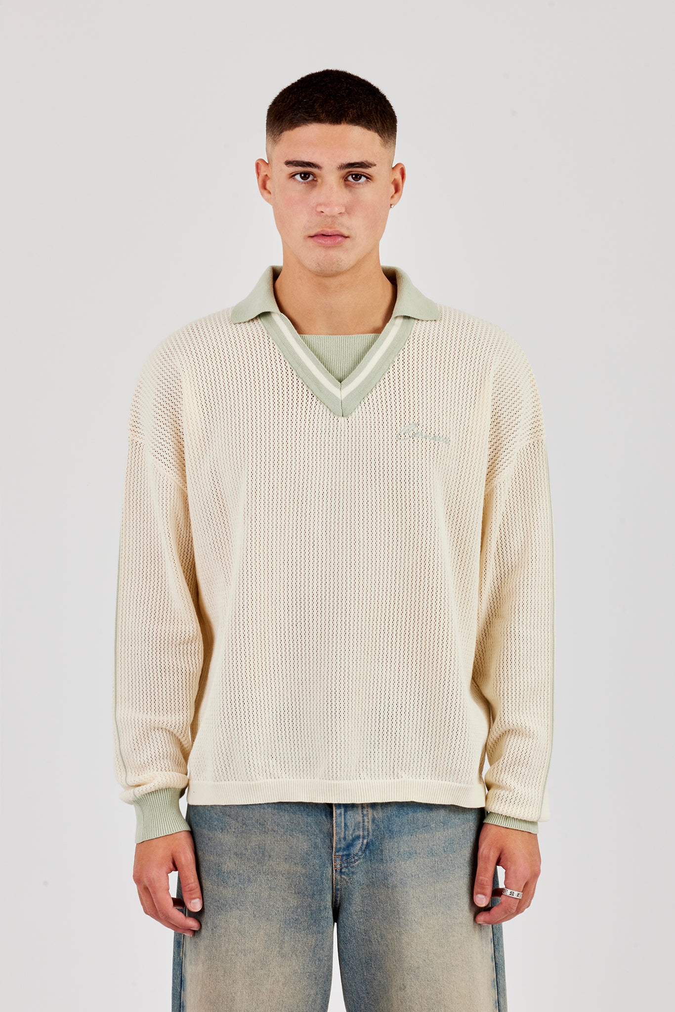 Knitted Cernucci Long Sleeve Polo - Green