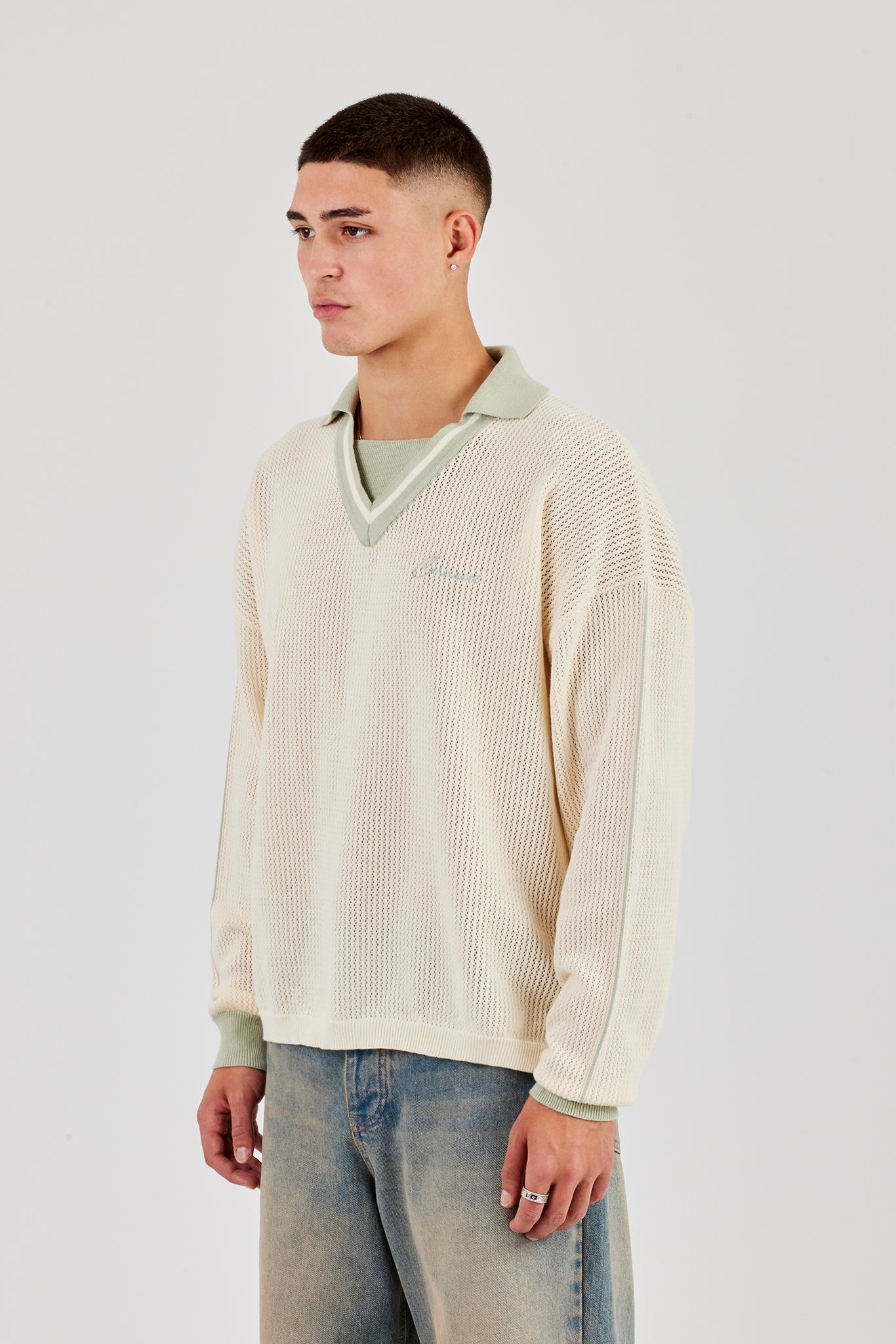 Knitted Cernucci Long Sleeve Polo - Green