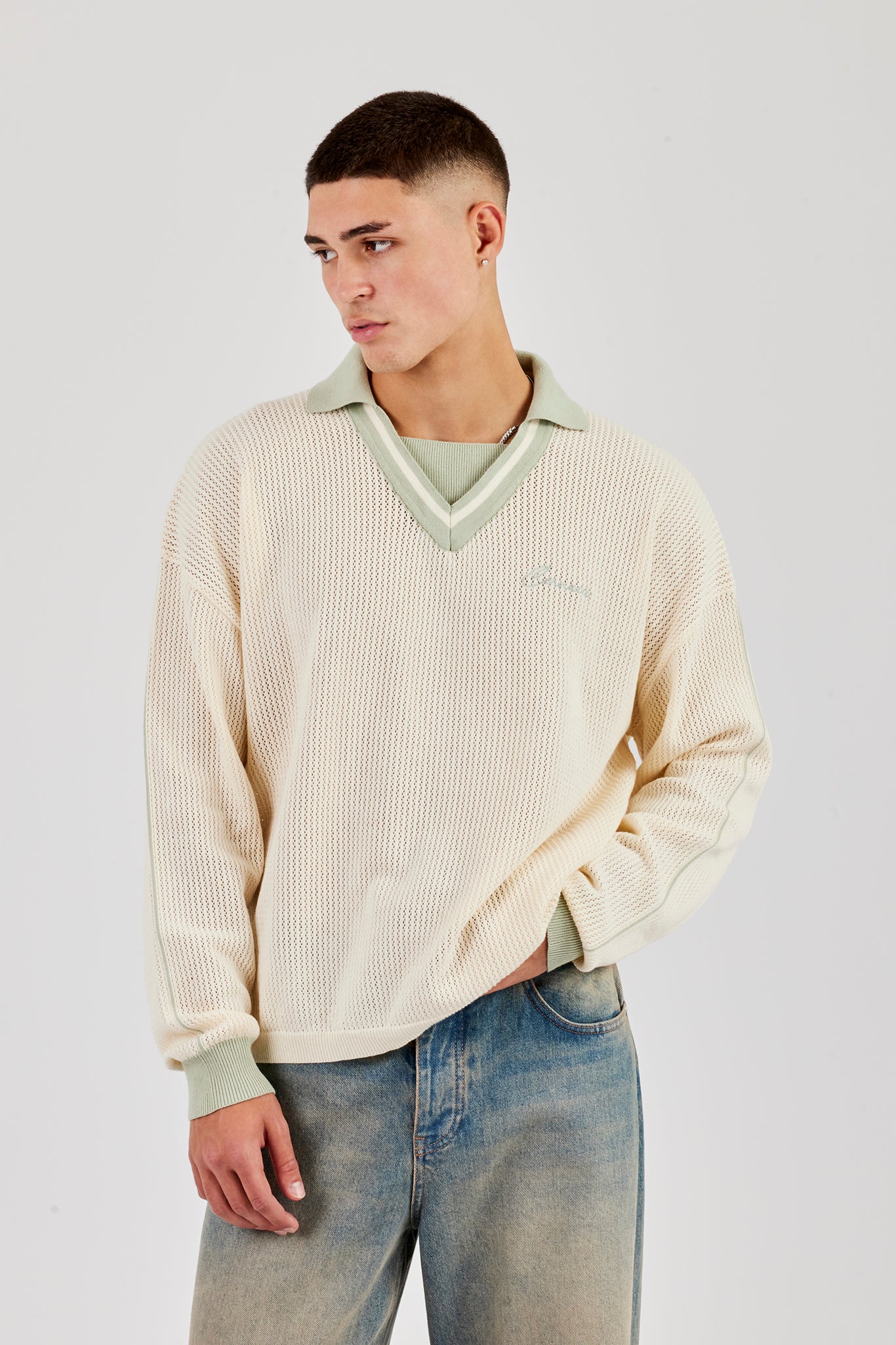 Knitted Cernucci Long Sleeve Polo - Green