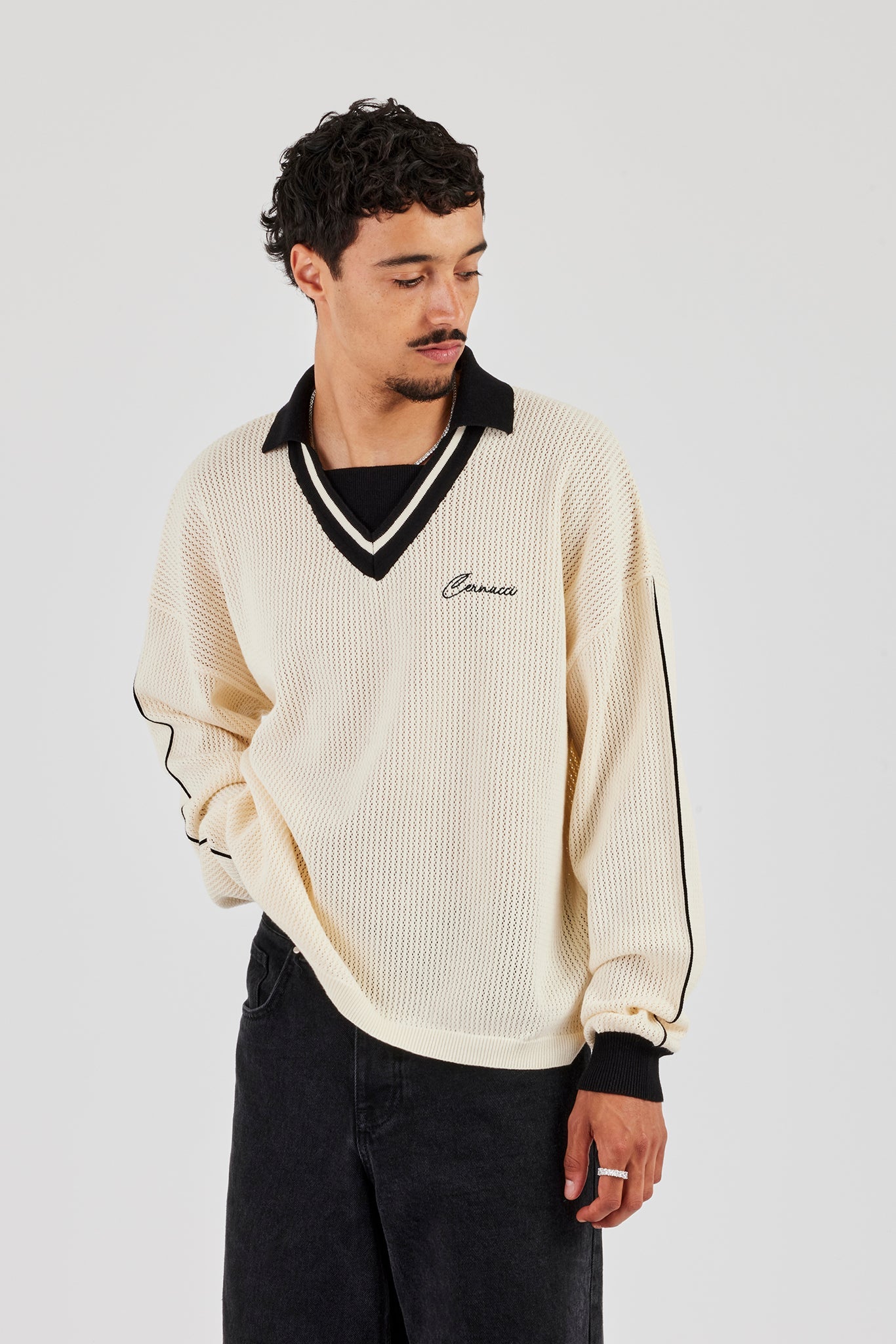 Knitted Cernucci Long Sleeve Polo - White