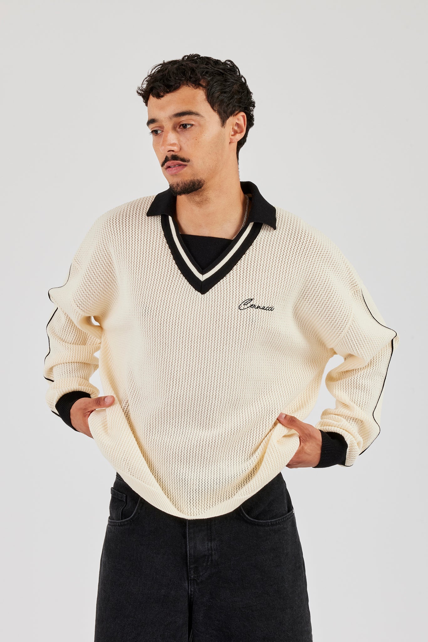 Knitted Cernucci Long Sleeve Polo - White