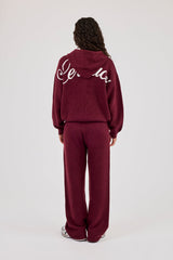 Knitted Stitch Back Detail Zip Through Hoodie & Wide Leg Jogger  - Burgundy