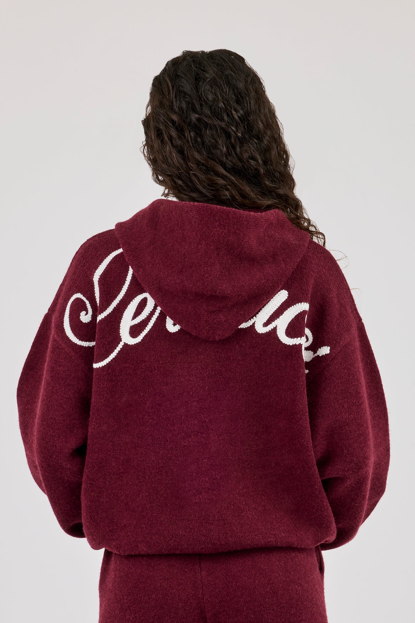Knitted Stitch Back Detail Zip Through Hoodie - Burgundy