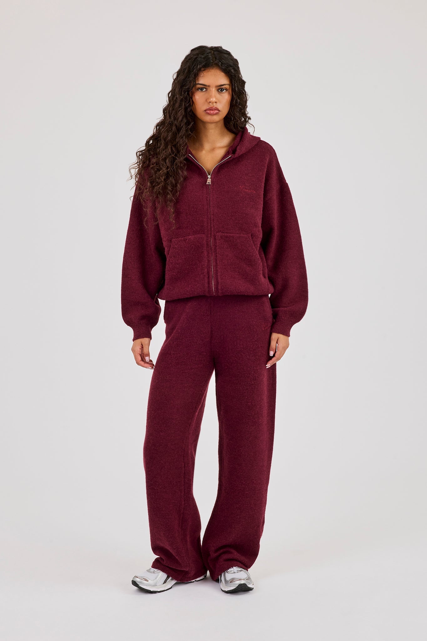 Knitted Stitch Back Detail Zip Through Hoodie & Wide Leg Jogger  - Burgundy