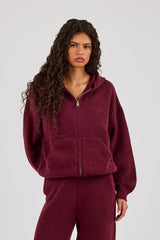Knitted Stitch Back Detail Zip Through Hoodie - Burgundy