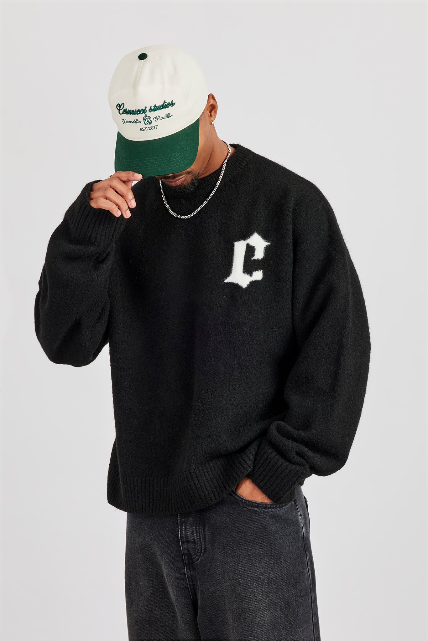 C Intarsia Knitted Sweatshirt - Black