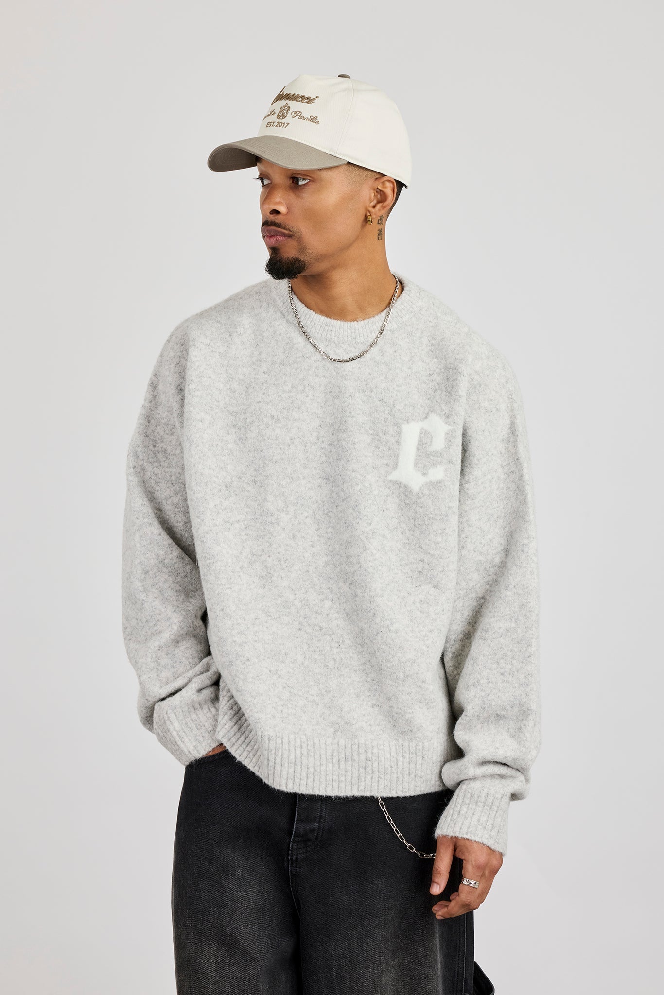 C Intarsia Knitted Sweatshirt - Grey