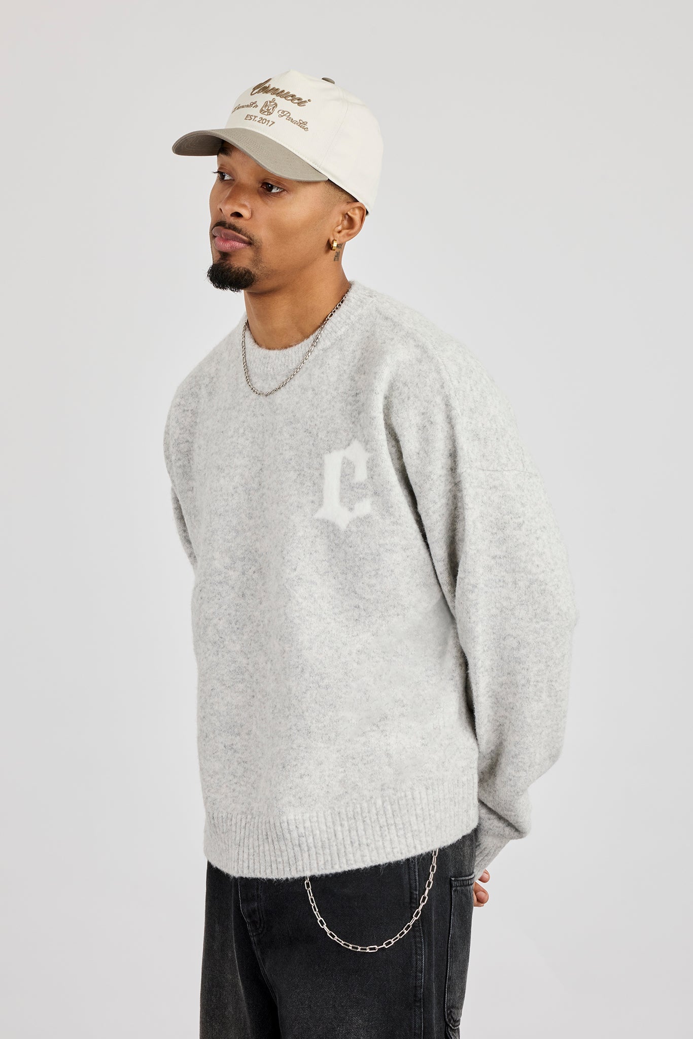 C Intarsia Knitted Sweatshirt - Grey