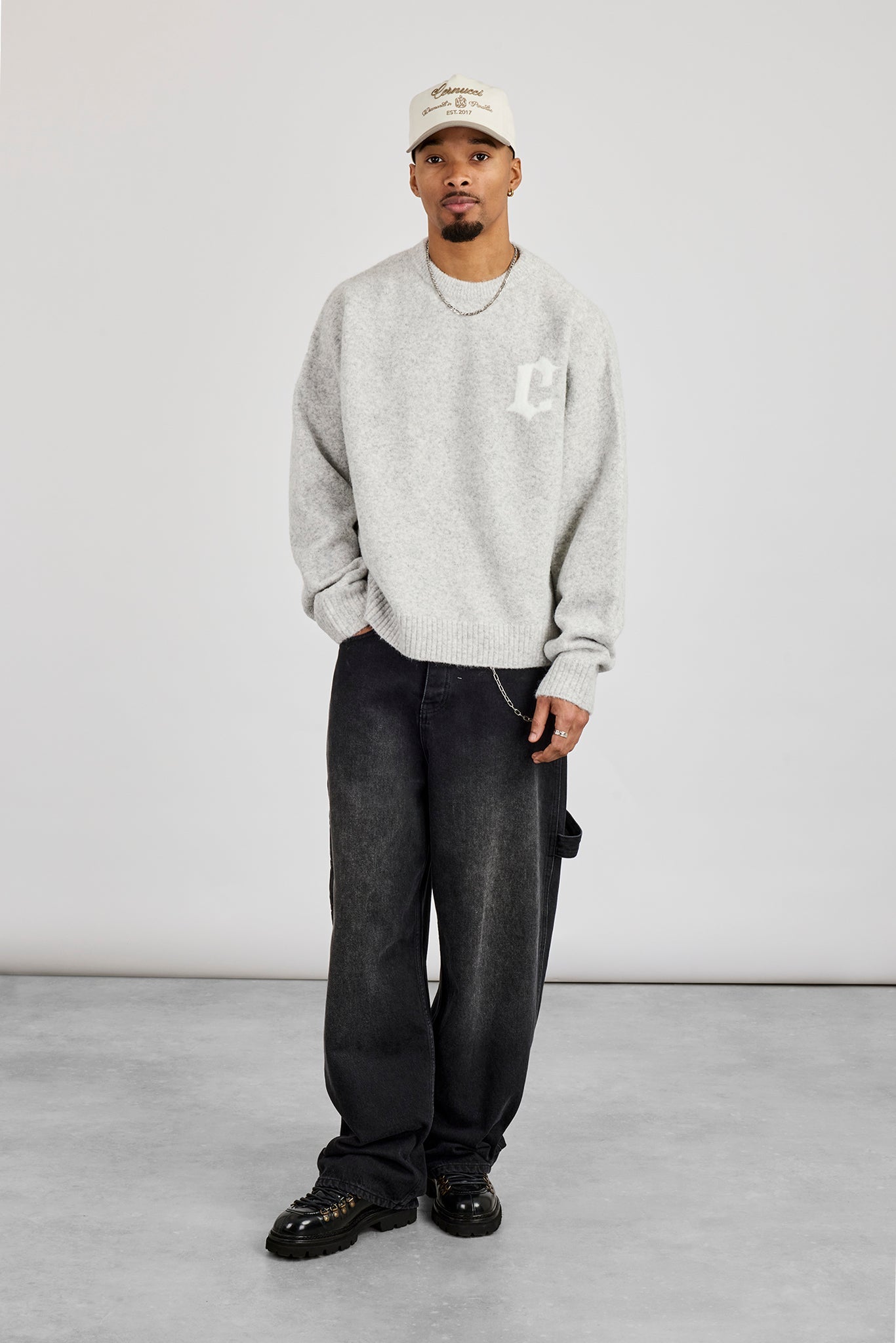 C Intarsia Knitted Sweatshirt - Grey