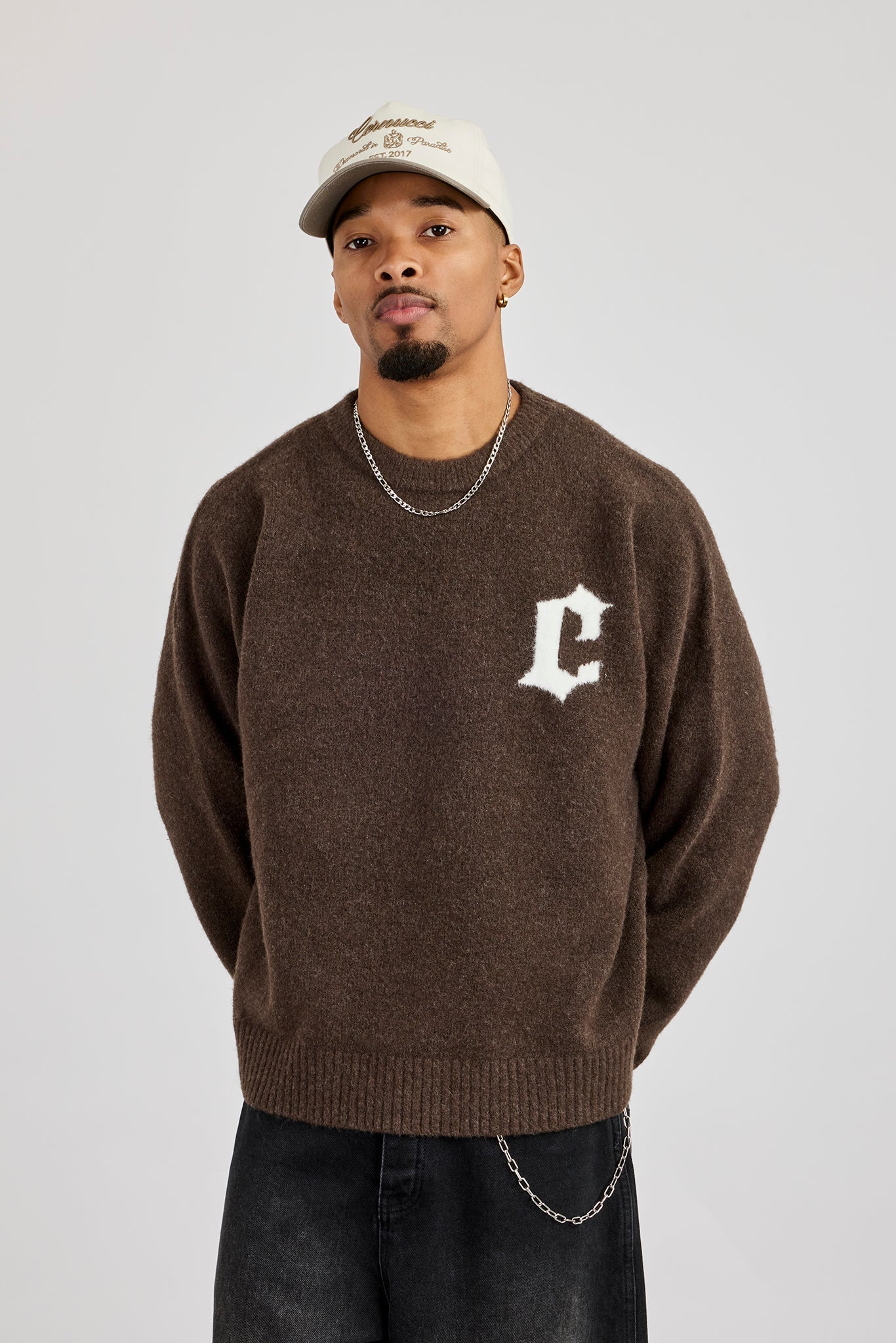 C Intarsia Knitted Sweatshirt - Dark Brown