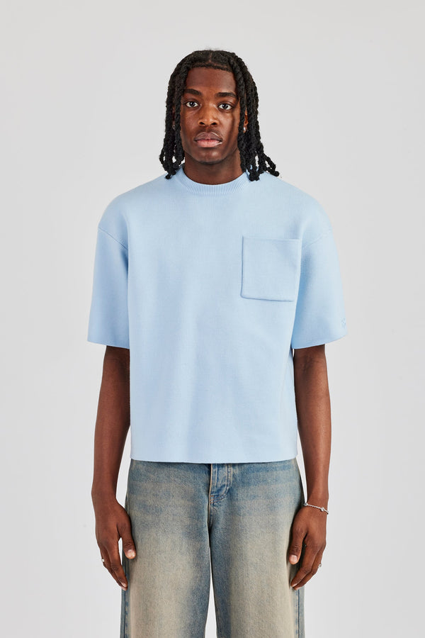 Premium Knitted Short Sleeve Boxy T-Shirt - Powder Blue