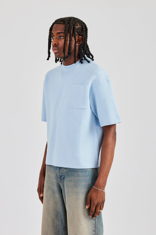 Premium Knitted Short Sleeve Boxy T-Shirt - Powder Blue