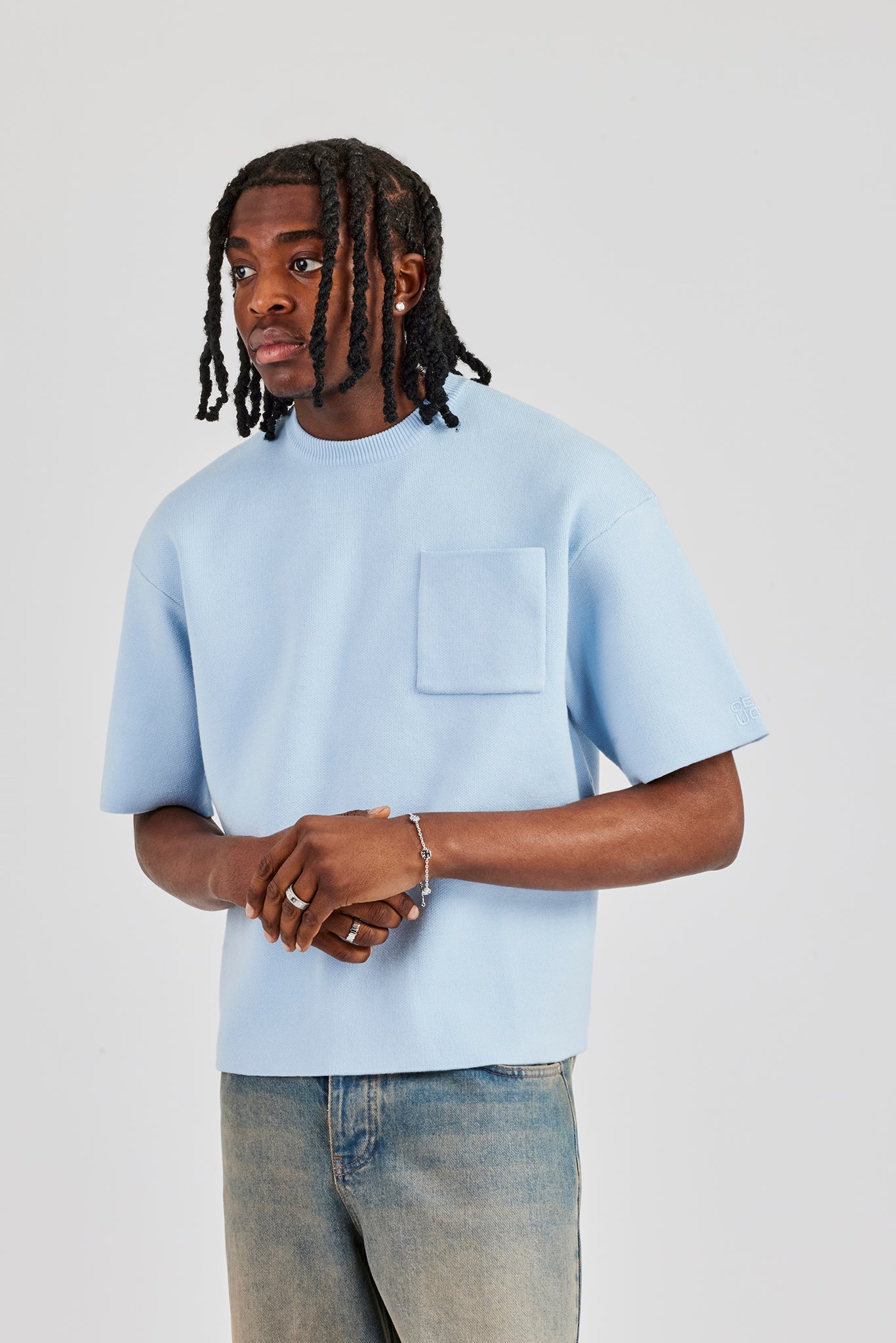 Premium Knitted Short Sleeve Boxy T-Shirt - Powder Blue