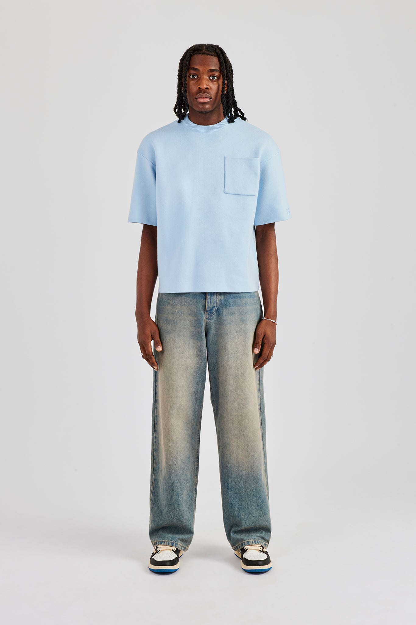 Premium Knitted Short Sleeve Boxy T-Shirt - Powder Blue