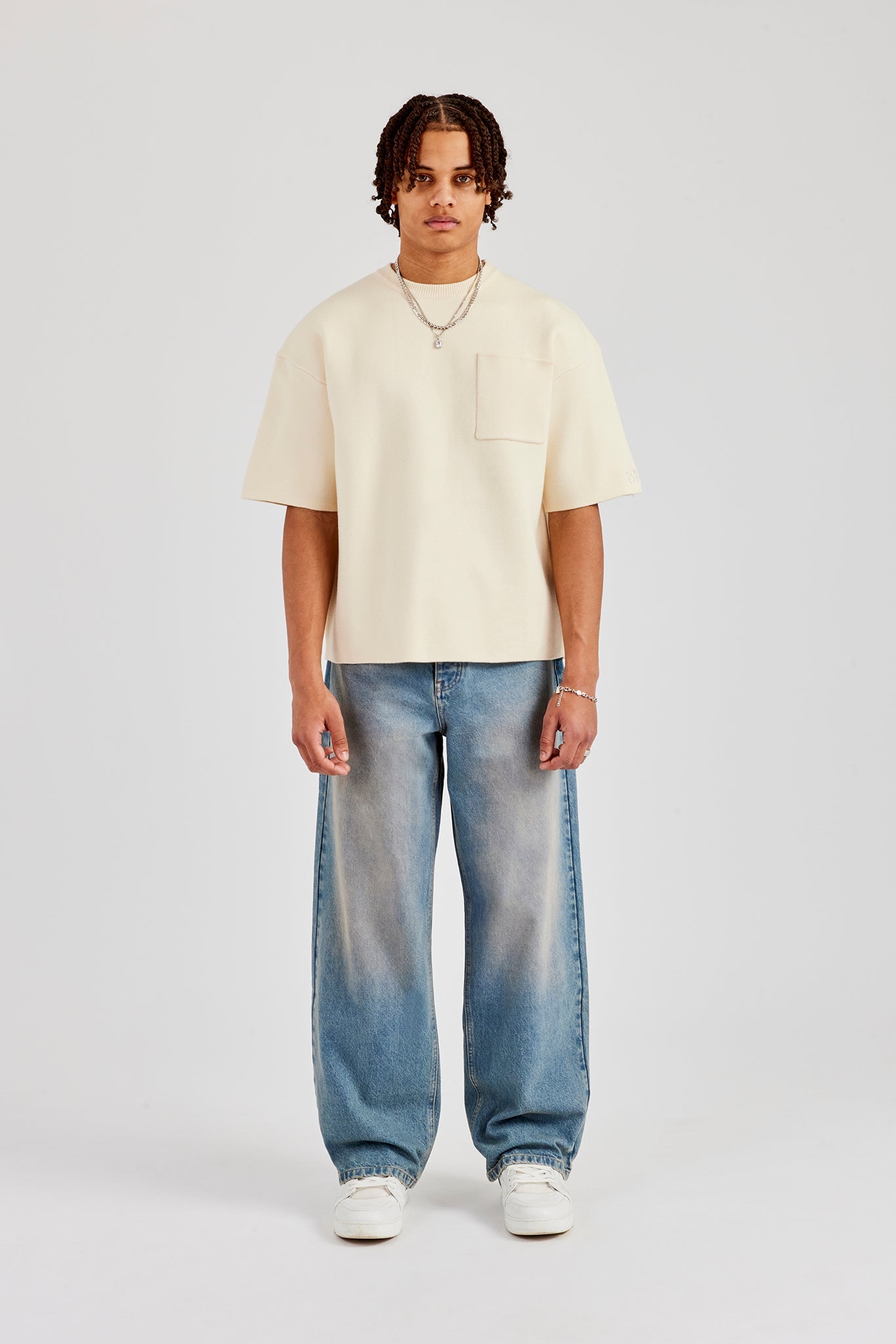 Premium Knitted Short Sleeve Boxy T-Shirt - Off White