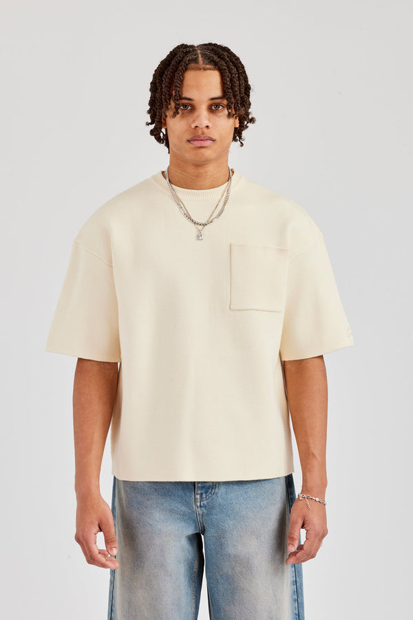 Premium Knitted Short Sleeve Boxy T-Shirt - Off White