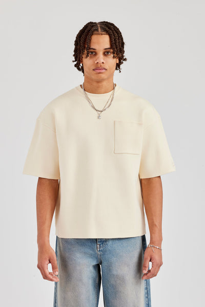 Premium Knitted Short Sleeve Boxy T-Shirt - Off White | Mens