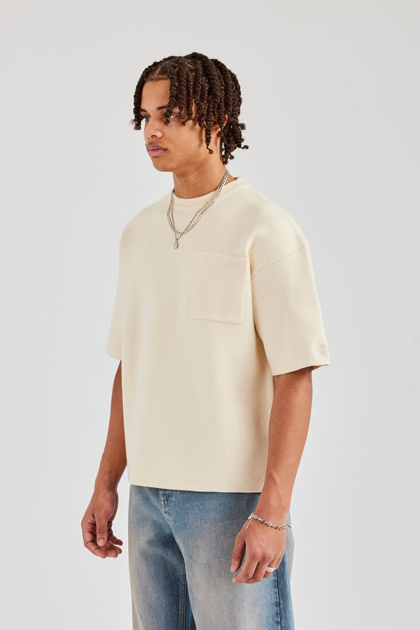 Premium Knitted Short Sleeve Boxy T-Shirt - Off White