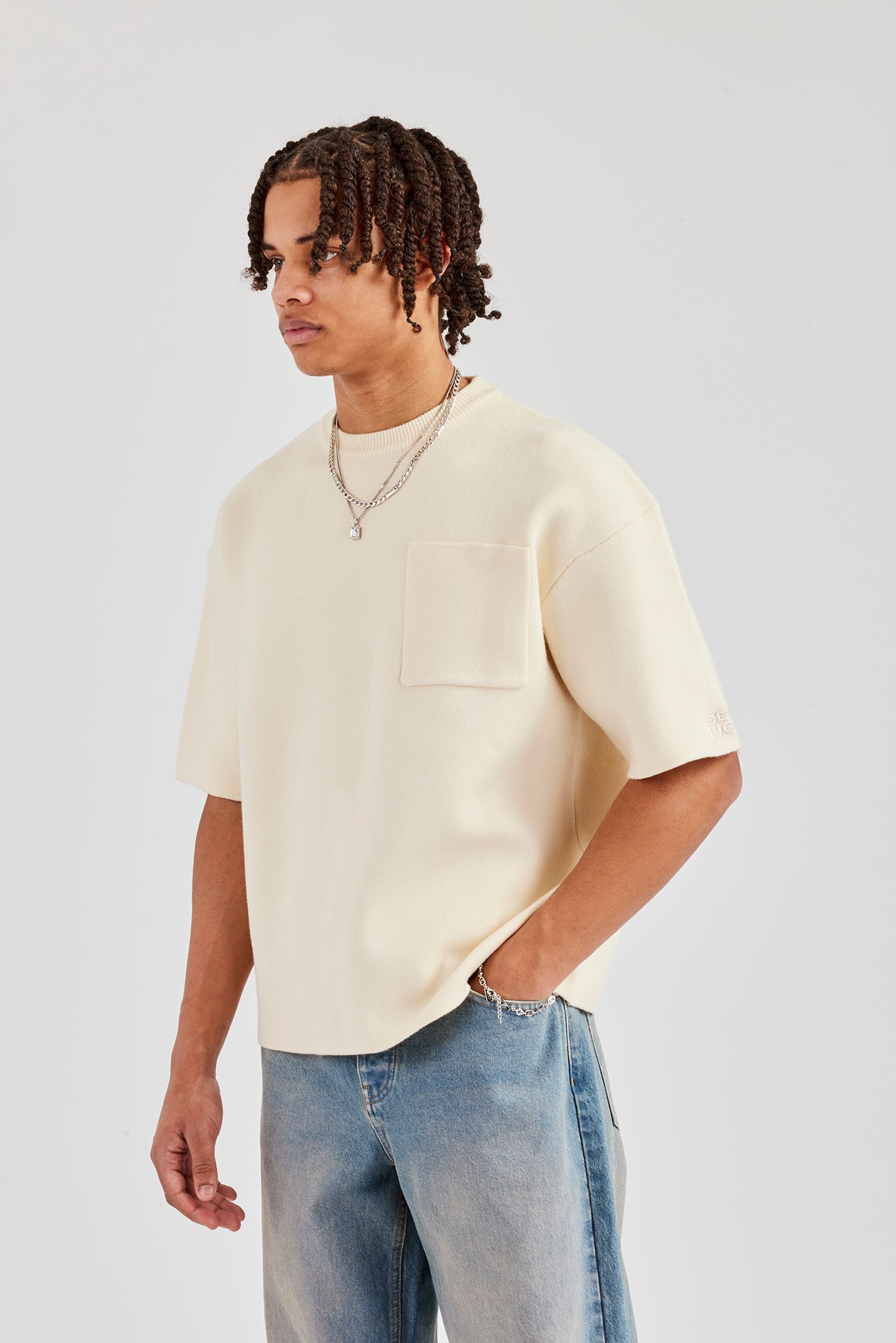 Premium Knitted Short Sleeve Boxy T-Shirt - Off White