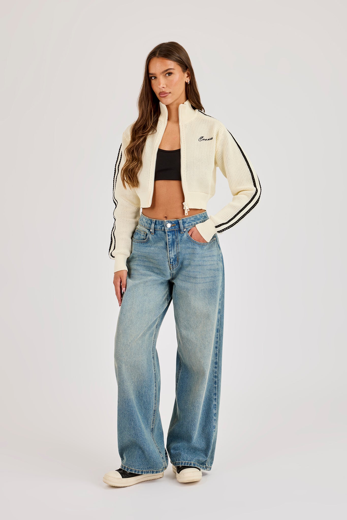 Knitted Taping Funnel Neck Track Jacket - Off White