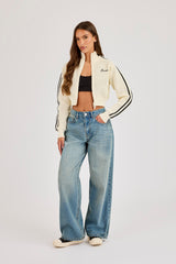 Knitted Taping Funnel Neck Track Jacket - Off White