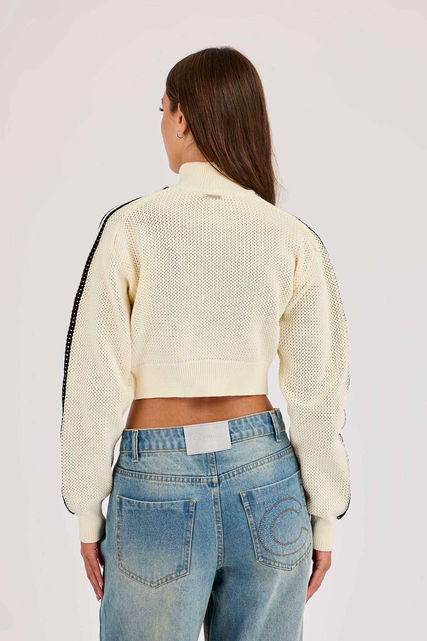 Knitted Taping Funnel Neck Track Jacket - Off White