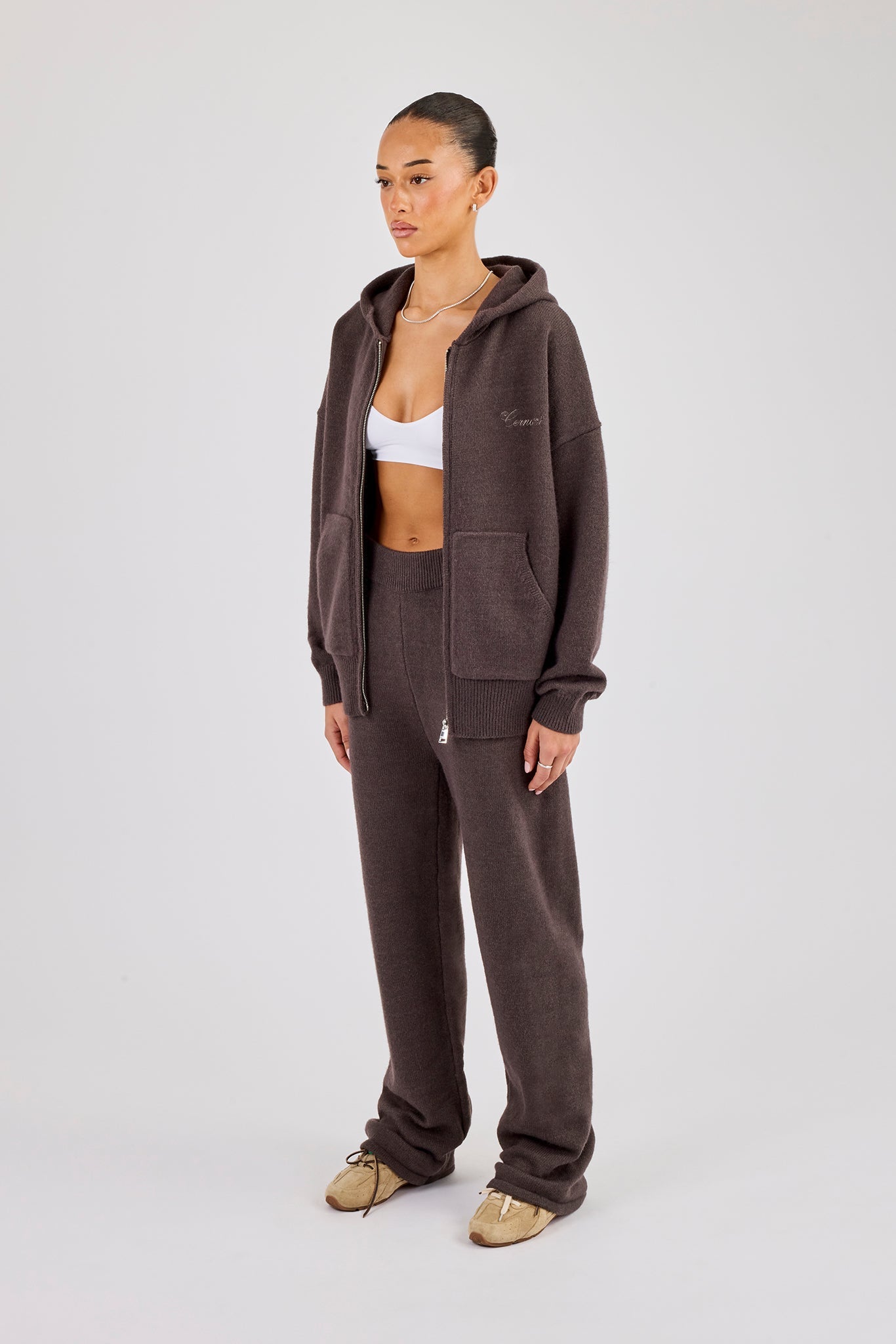 Knitted Cernucci Back Detail Zip Hoodie & Wide Leg Jogger - Brown