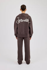 Knitted Cernucci Back Detail Zip Hoodie & Wide Leg Jogger - Brown
