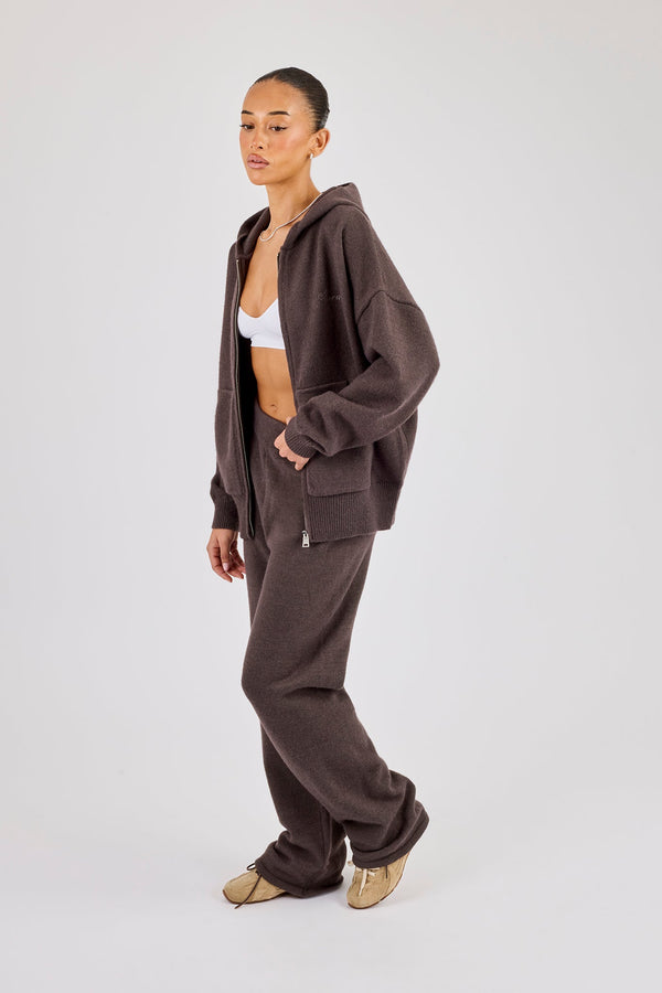 Knitted Cernucci Back Detail Zip Hoodie & Wide Leg Jogger - Charcoal