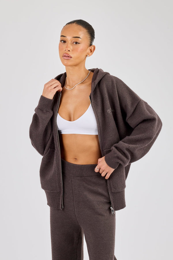 Knitted Cernucci Back Detail Zip Hoodie - Charcoal