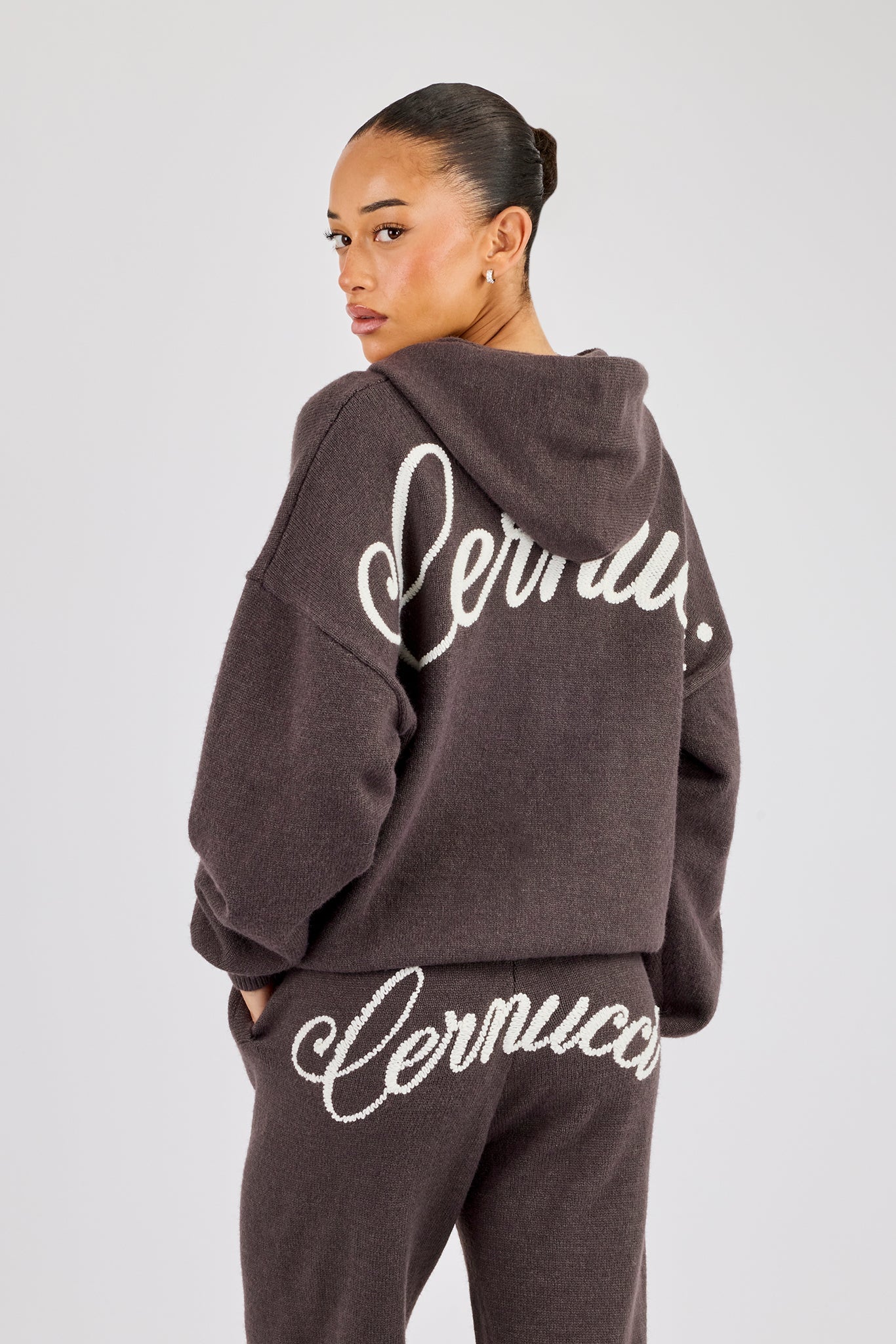 Knitted Cernucci Back Detail Zip Hoodie - Charcoal