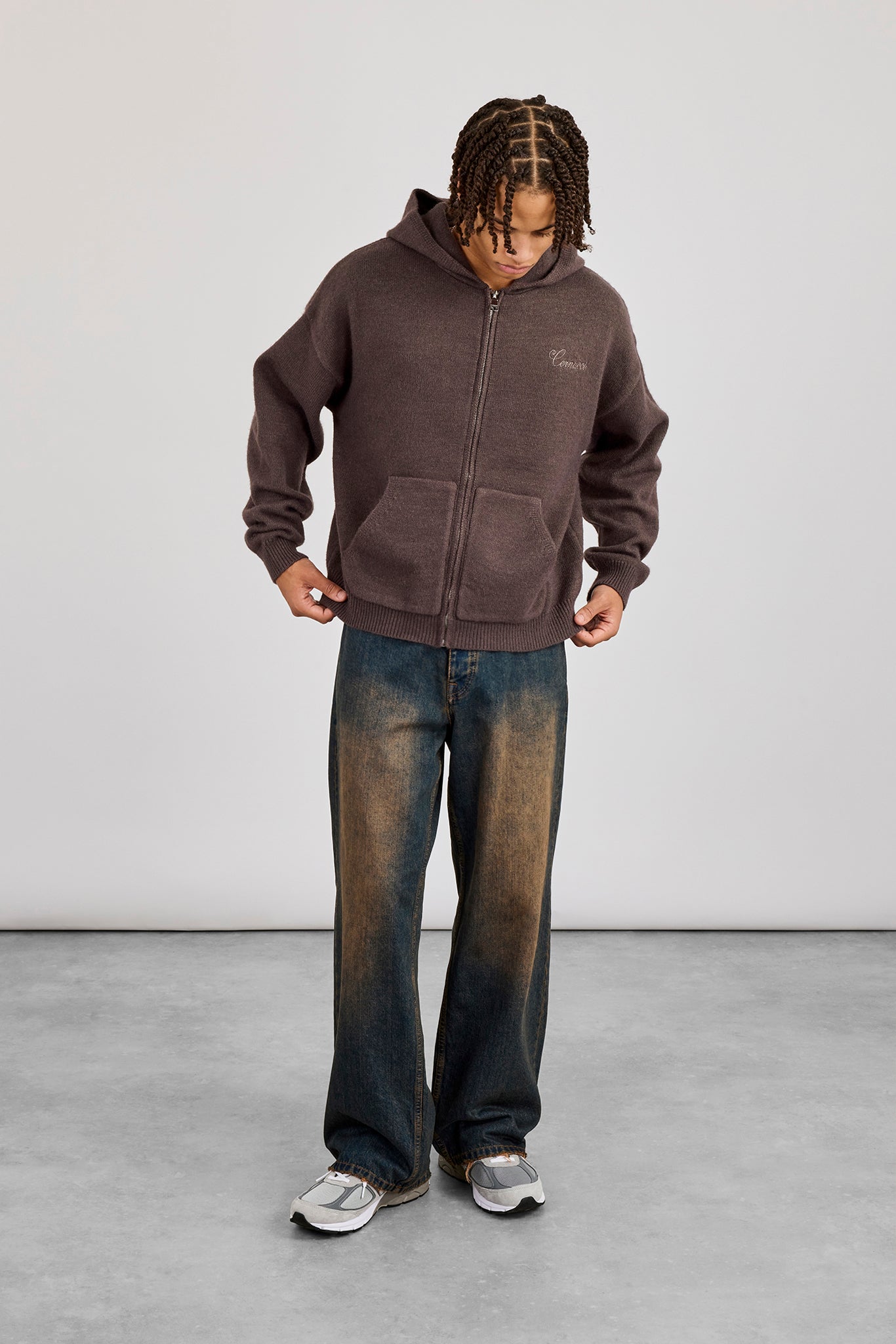 Knitted Cernucci Back Detail Boxy Zip Hoodie - Charcoal