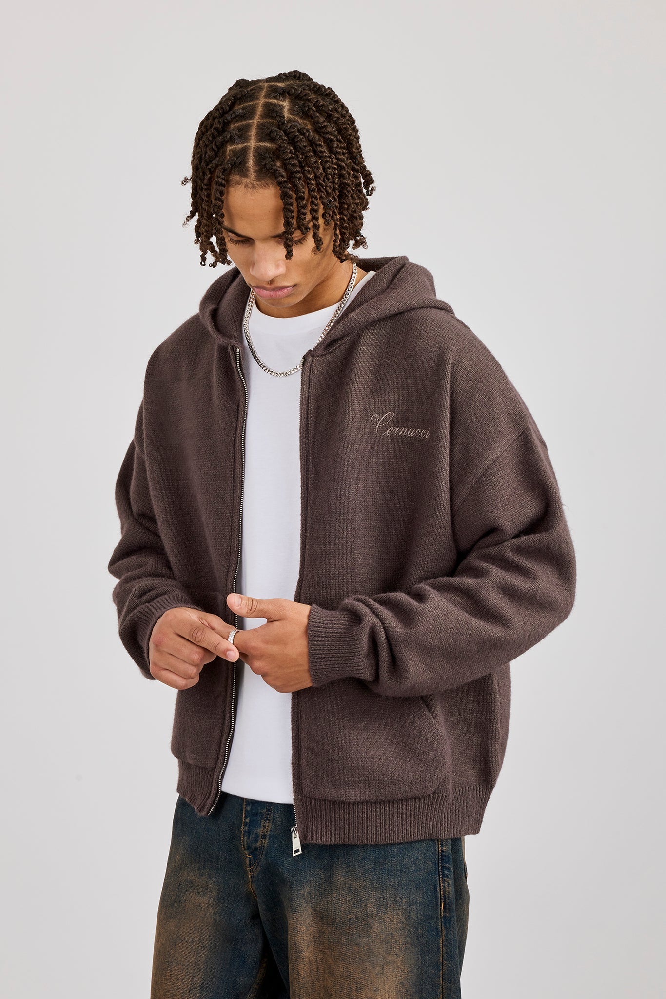 Knitted Cernucci Back Detail Boxy Zip Hoodie - Charcoal | Mens