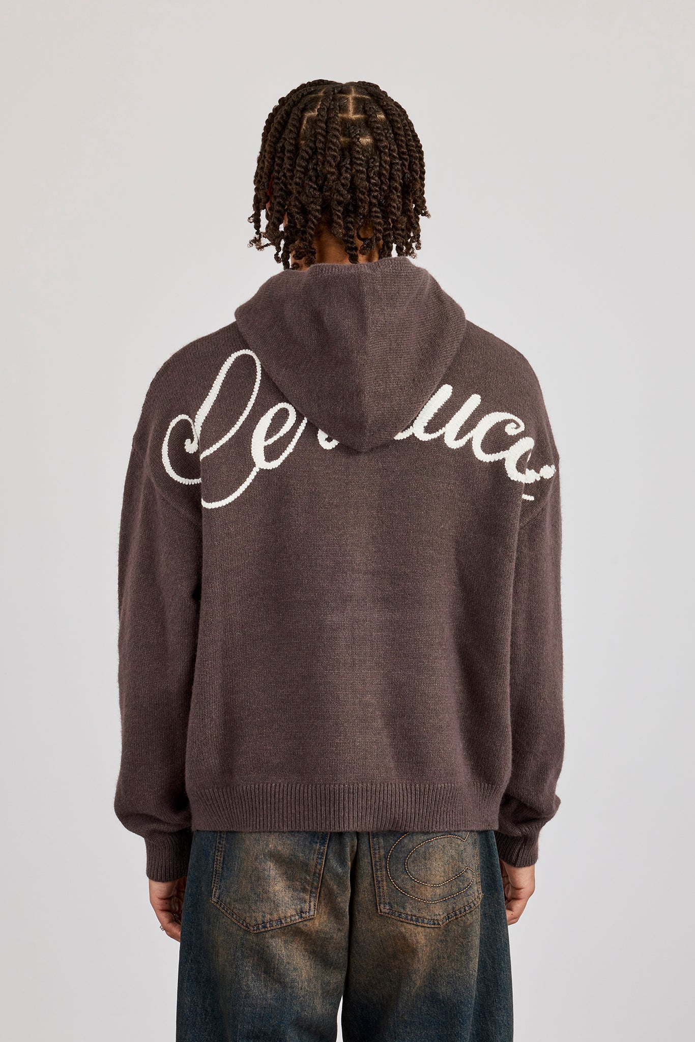 Knitted Cernucci Back Detail Boxy Zip Hoodie - Charcoal