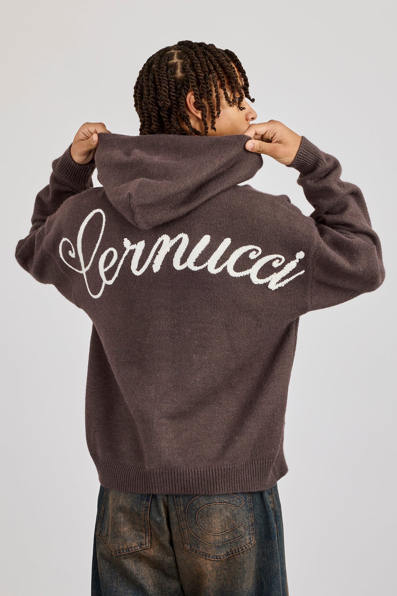 Knitted Cernucci Back Detail Boxy Zip Hoodie - Charcoal | Mens
